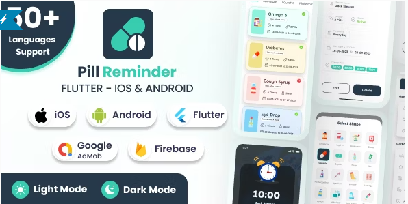 PillMode | Pill Reminder - Flutter Android & iOS Full App + Light + Dark Mode (53 Languages)